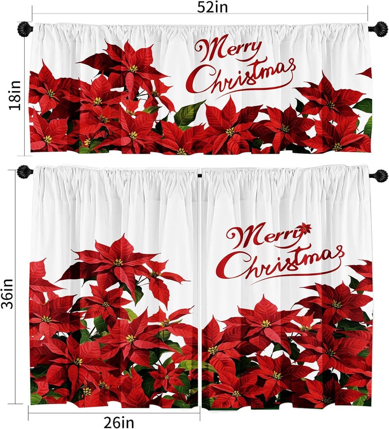 SUNWISHA Christmas Poinsettia Curtain Valances Set Upper Curtain 52'' Lx18'' W & Lower 36'' L x 26'' W x2 Merry Christmas Romantic Flowers - Kitchen/Bedroom Decor Red - Image 2